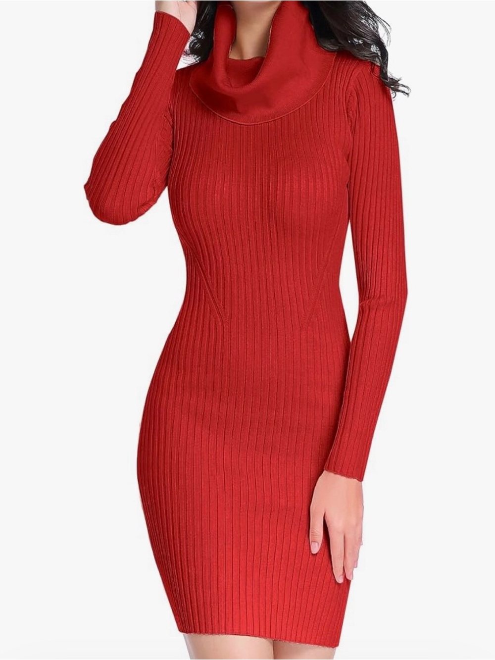 Women’s Red Ribbed Cowl Neck Sweater Dress - Picture 4 of 4